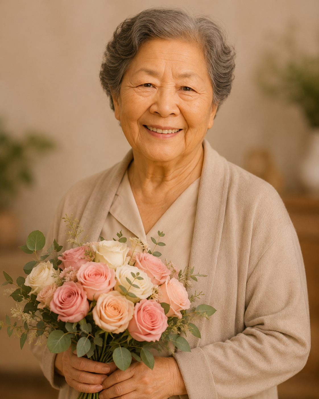 Ms. Ling smiling and holding a bouquet of roses